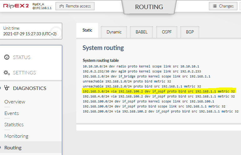 RipEX_A – Dynamic routing using Ethernet (OSPF) connection to RipEX_C