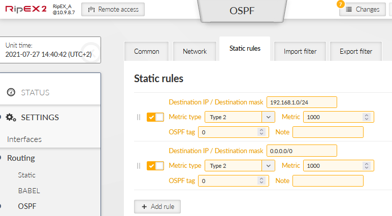 RipEX_A – OSPF static rules
