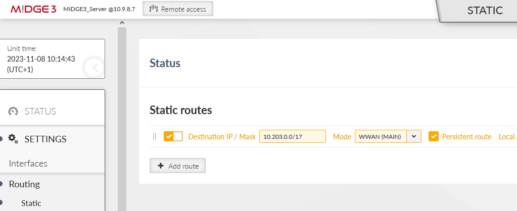 MIDGE3_Server static routes
