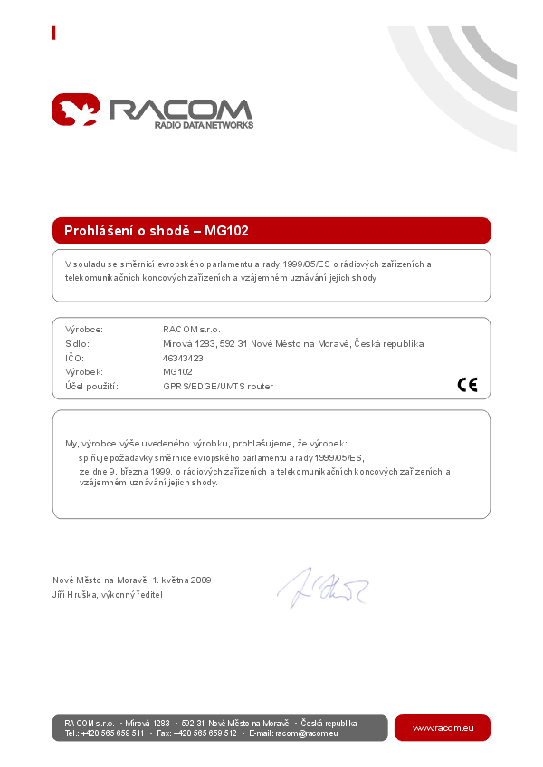 Prohlášení o shodě MG102