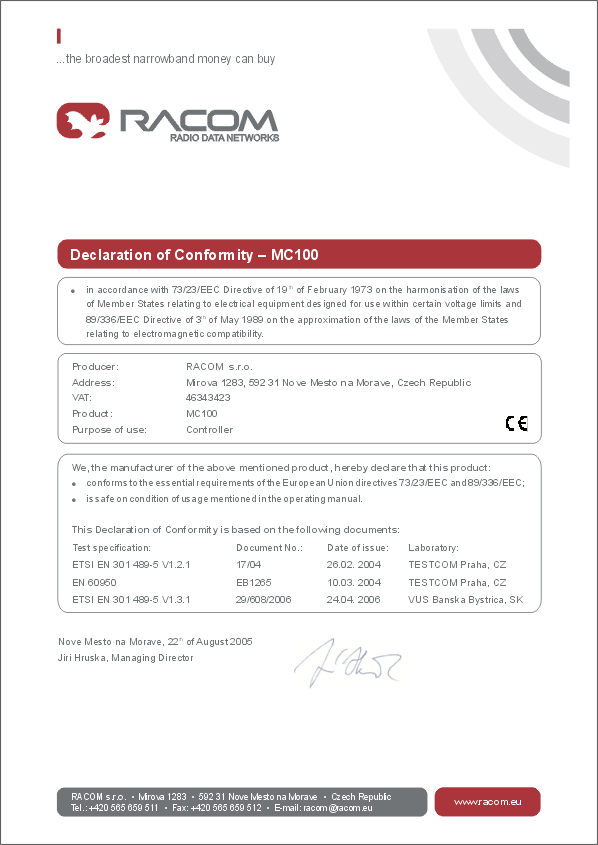 MC100 consistency declaration