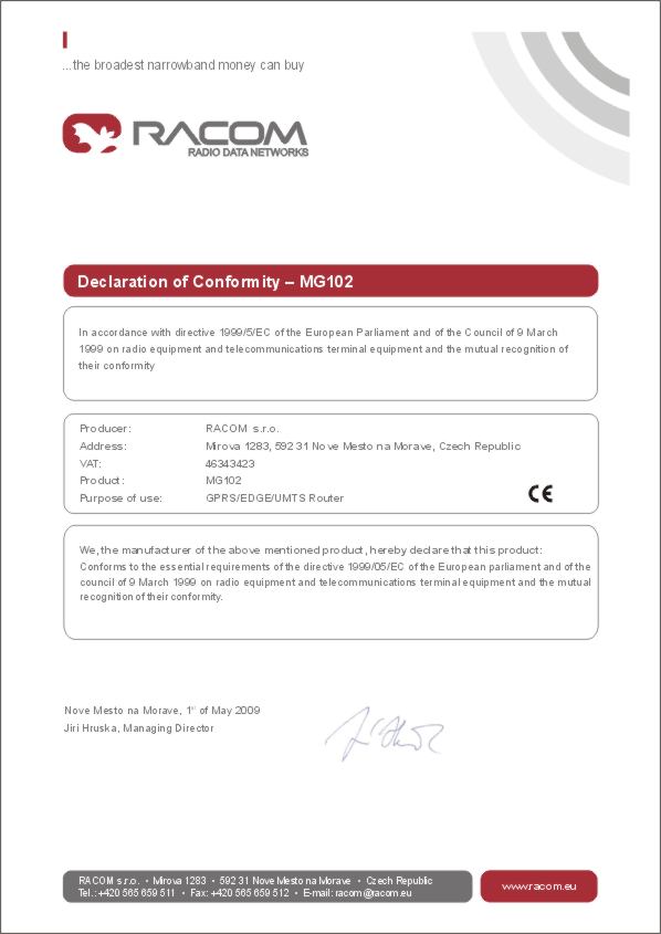Declaration of Conformity MG102