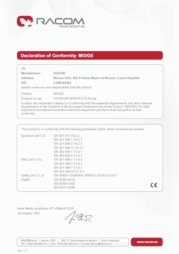 Declaration of Conformity M!DGE