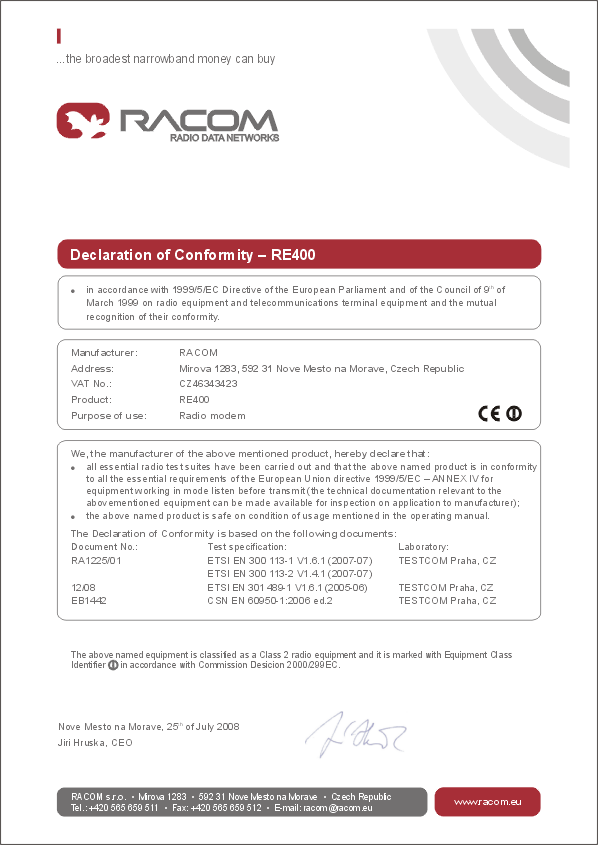 RE400 consistency declaration