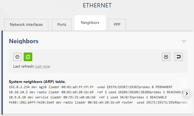 DIAGNOSTICS > Information > Interfaces > Ethernet > Neighbors