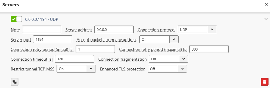 OpenVPN Servers settings