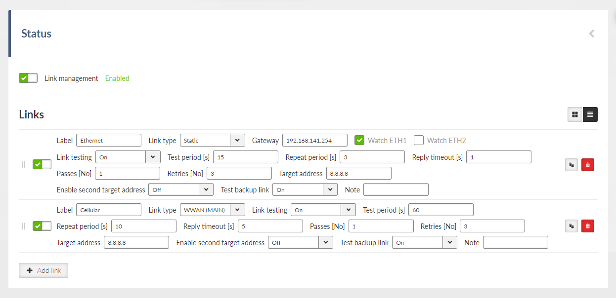 SETTINGS > Routing > Link management