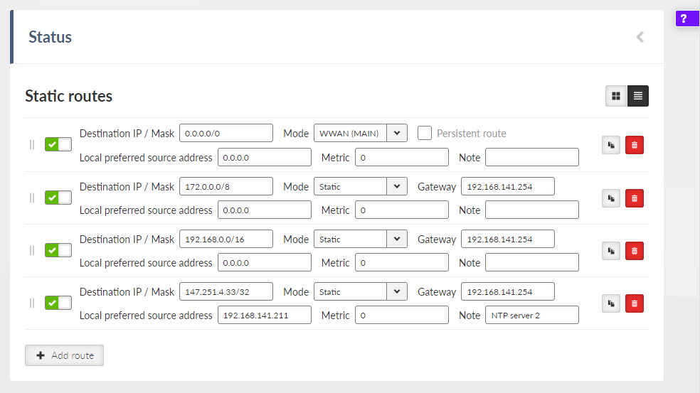 SETTINGS > Routing > Static