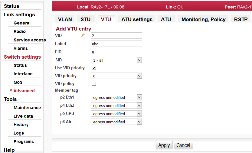 Menu Switch settings / Advanced / VTU / edit