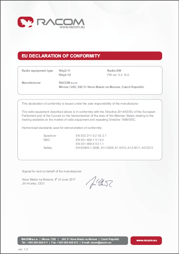 EU Declaration of Conformity for RAy2-11, RAy2-18