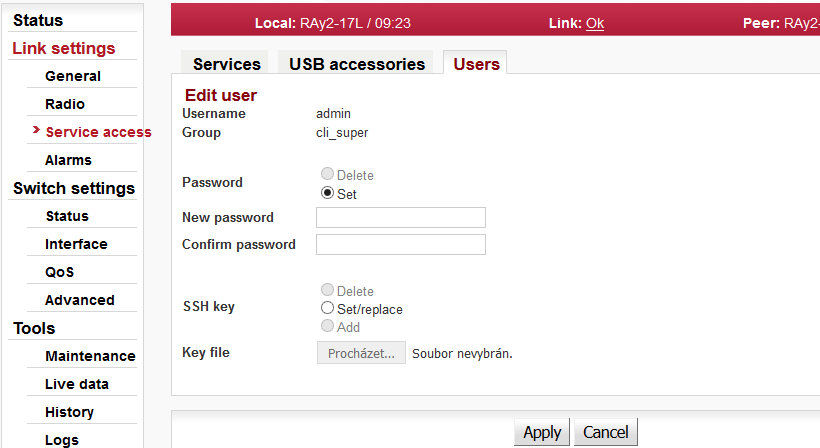 Menu Link settings / Service access / Users / edit