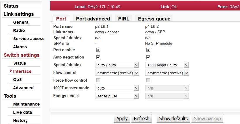 Menu Switch settings / Port