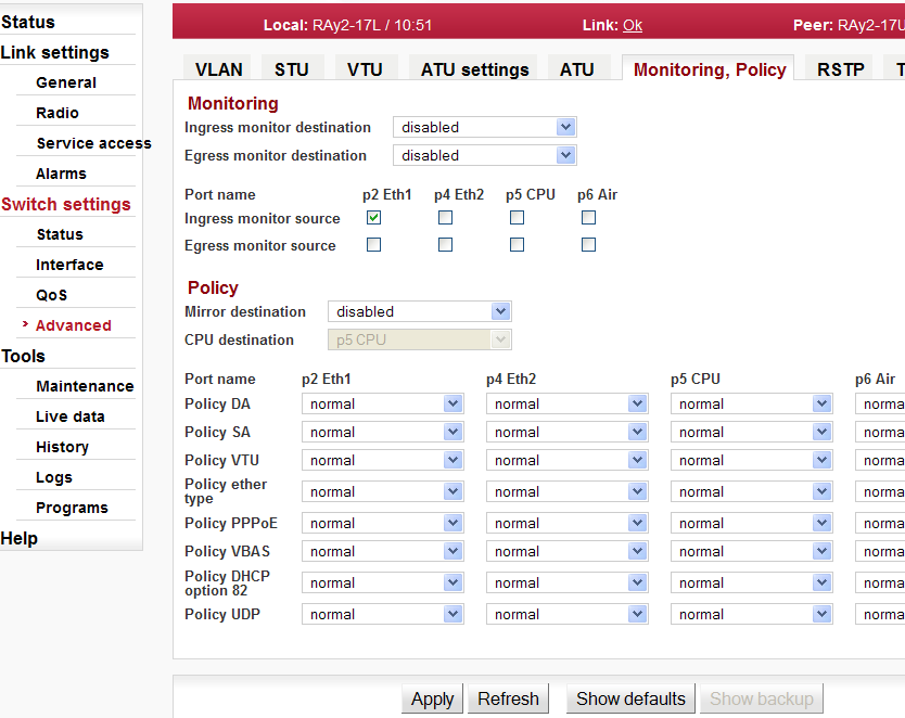 Menu Switch settings / Advanced / Monitoring, Policy