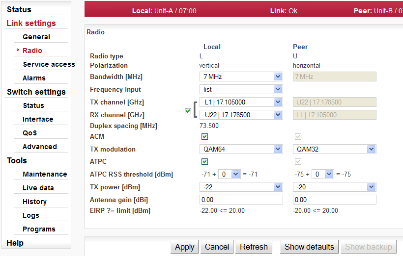 Menu Link settings / Radio