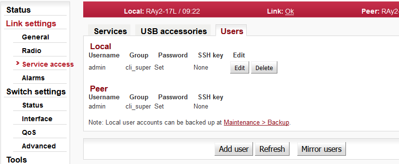 Configuration menu Link settings – Service access – Users