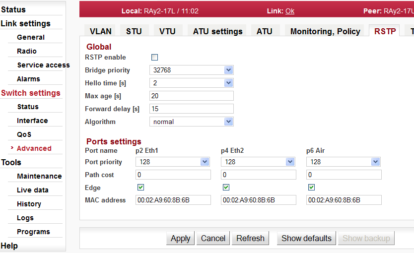 Menu Switch settings / Advanced / RSTP