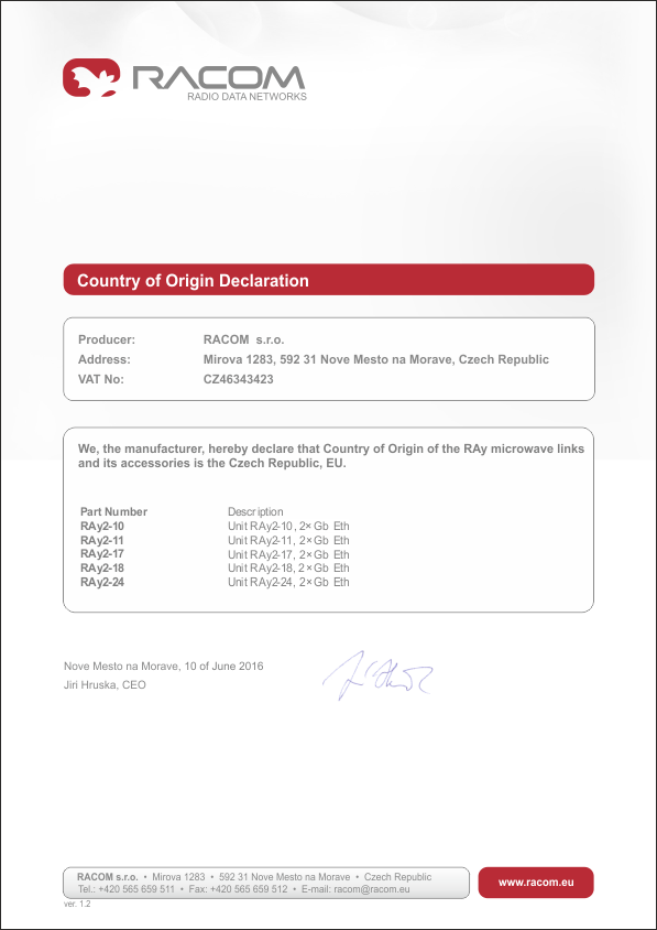 Country of Origin Declaration