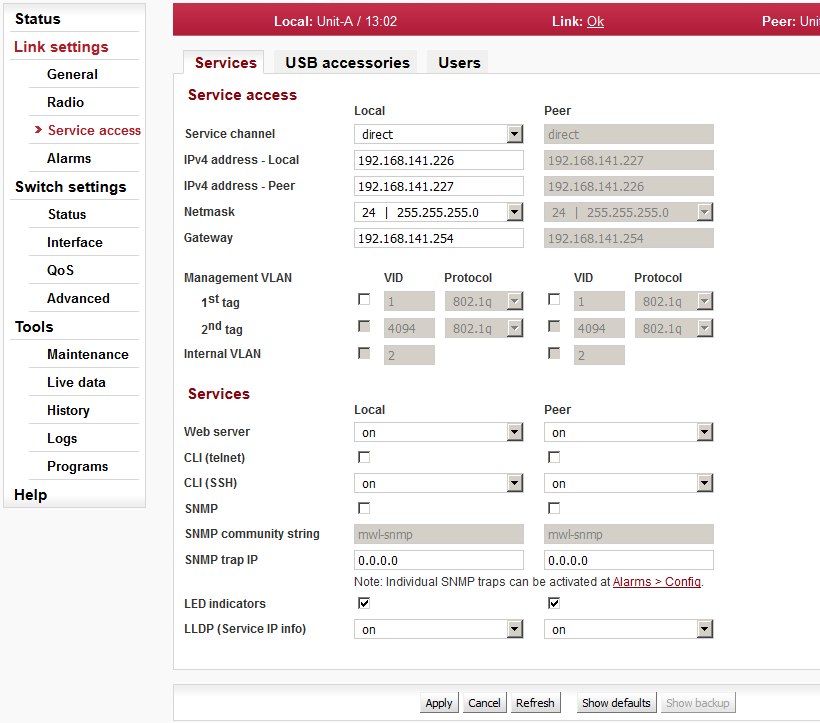 Configuration menu Link settings – Service access – Services