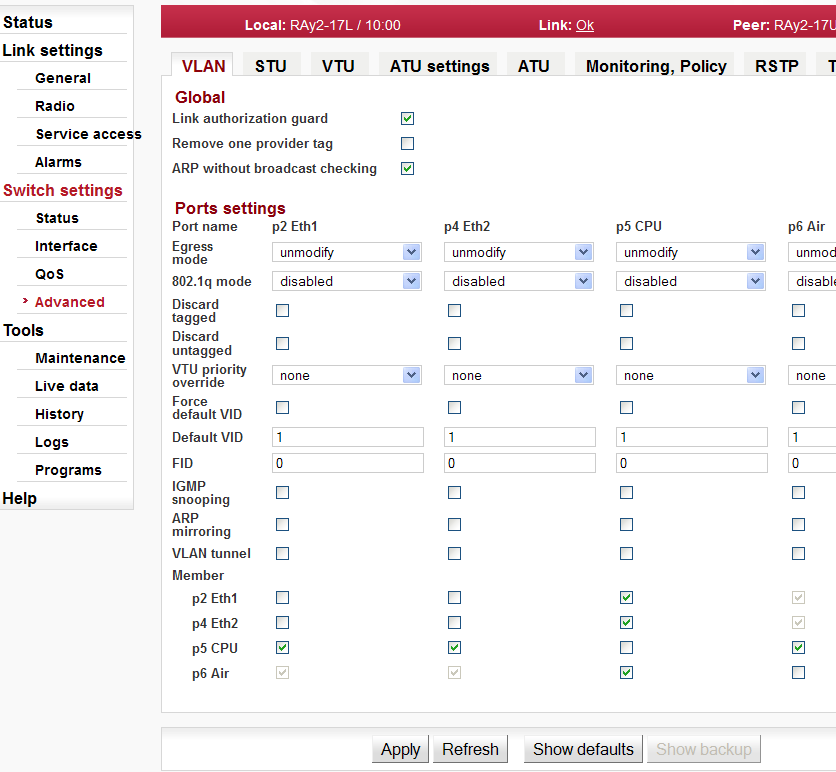 Menu Switch settings / Advanced / VLAN