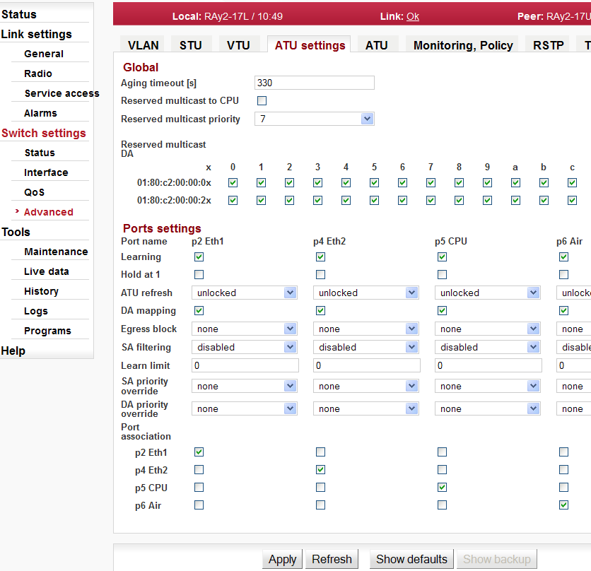 Menu Switch settings / Advanced / ATU settings