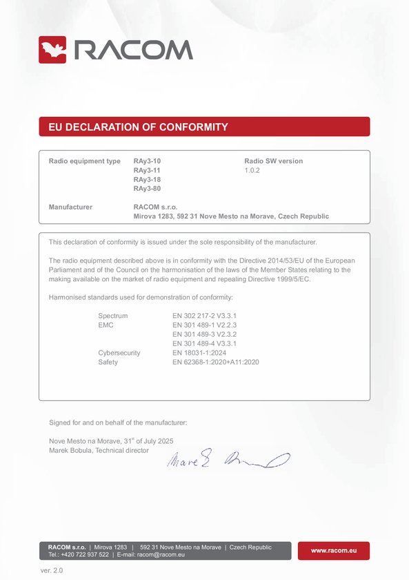 RED Declaration of Conformity for RAy3-10, RAy3-11, RAy3-18 and RAy3-80