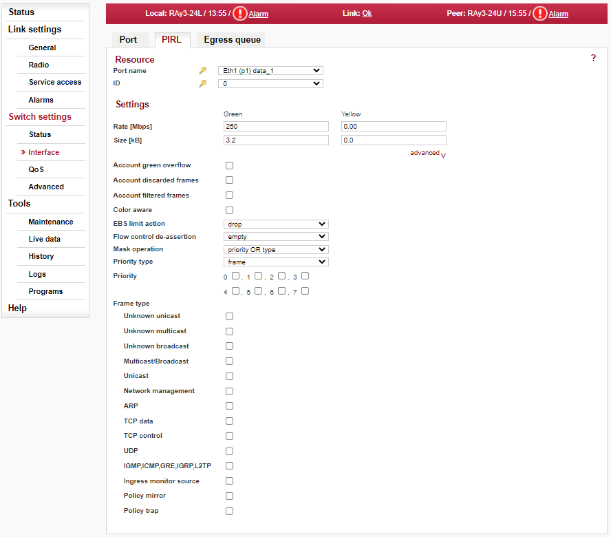 Menu Switch settings > Interface > PIRL > Add resource (or Edit resource)