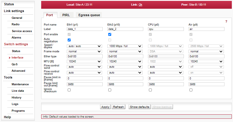 Menu Switch settings > Interface > Port