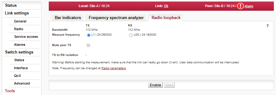 Menu Tools > Live Data > Radio loopback