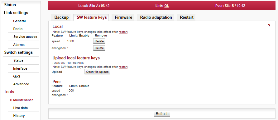 Configuration menu Tools > Maintenance > SW Feature keys