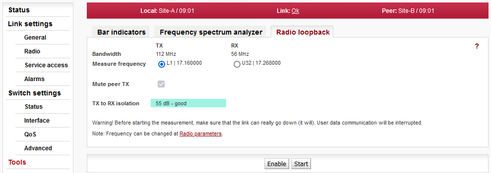 Menu Tools > Live data > Radio loopback result