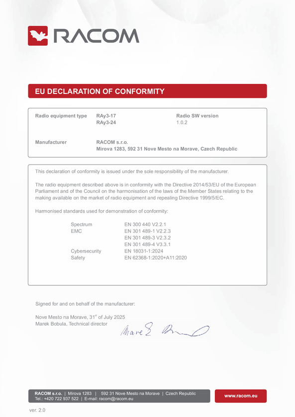 RED Declaration of Conformity for RAy3-17 and RAy3-24