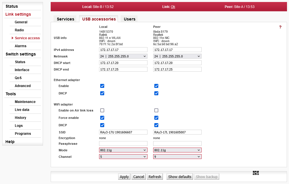 Configuration menu Link settings > Service access > USB accessories