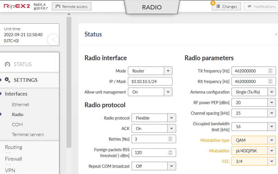 RipEX_A Radio parameters