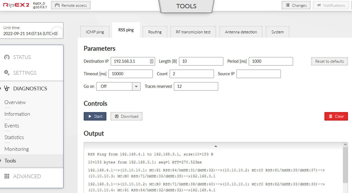 RSS ping from RipEX_D to RipEX_C (ETH)