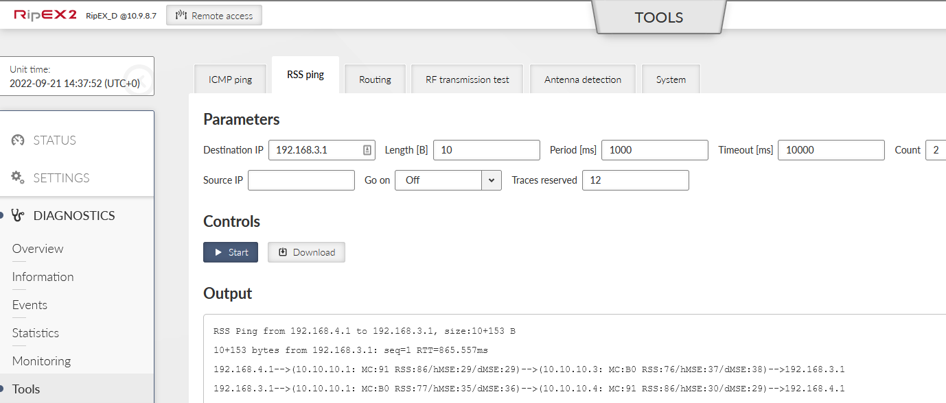 RSS ping from RipEX_D to RipEX_C