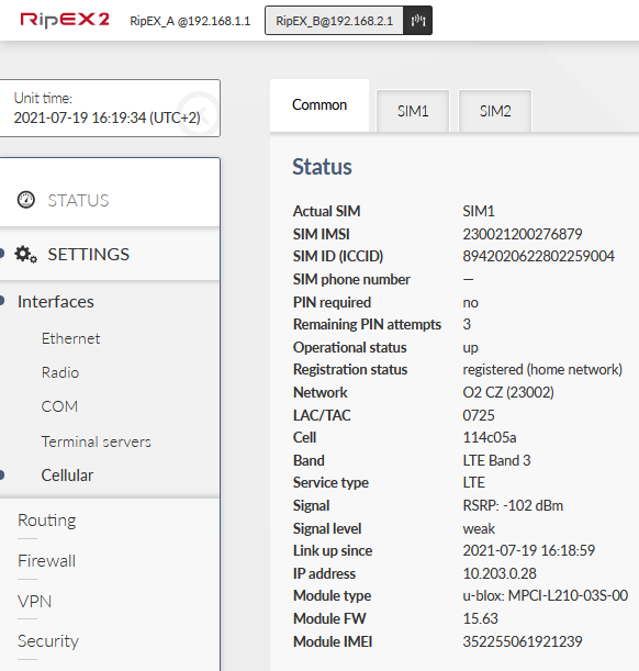 RipEX_B – Cellular interface status