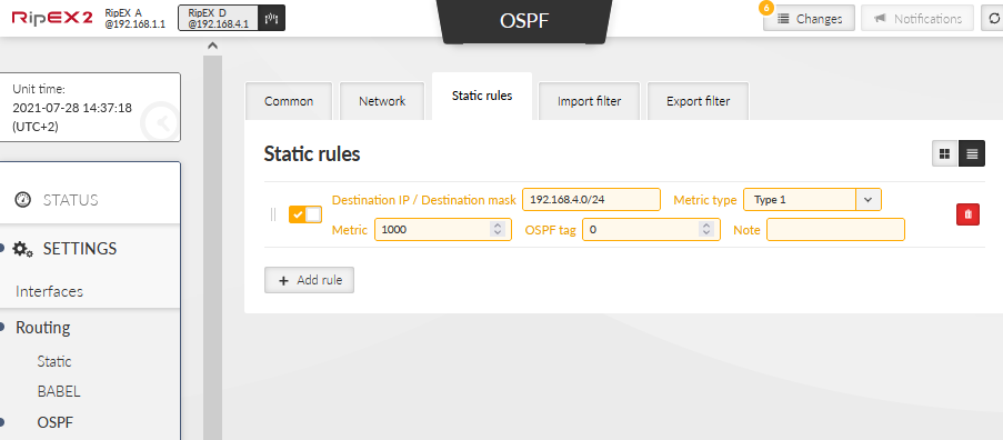 RipEX_D – OSPF Static rules