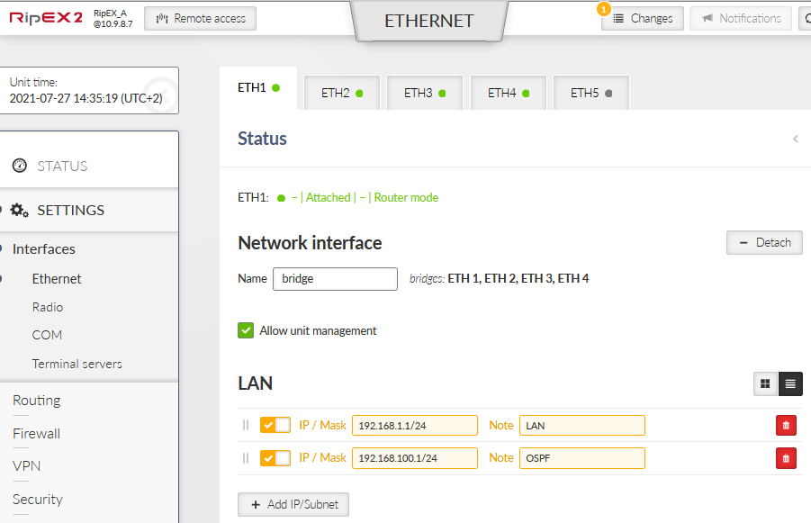 RipEX_A – Ethernet bridge