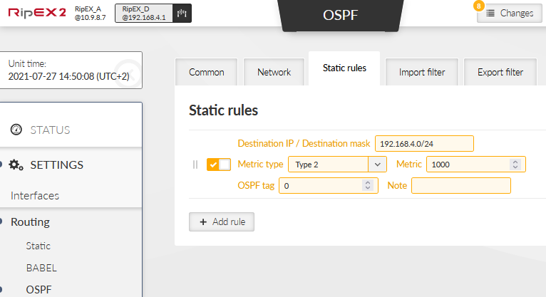 RipEX_D – OSPF Static rules