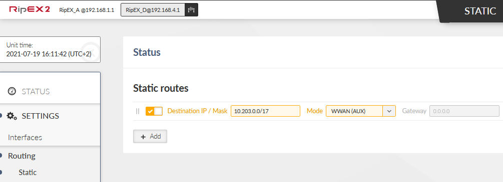 RipEX_D – Static routing via cellular (aux) interface