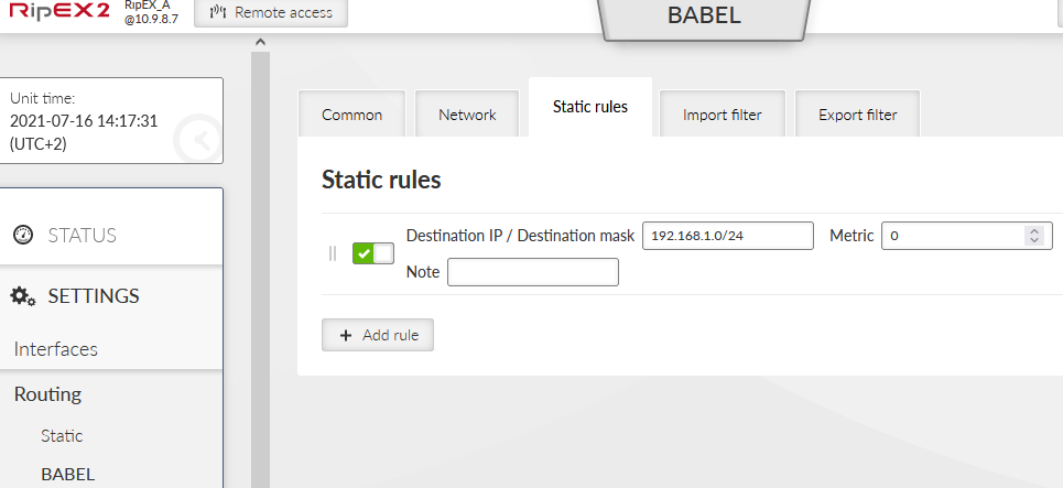 RipEX_A – Static rules settings