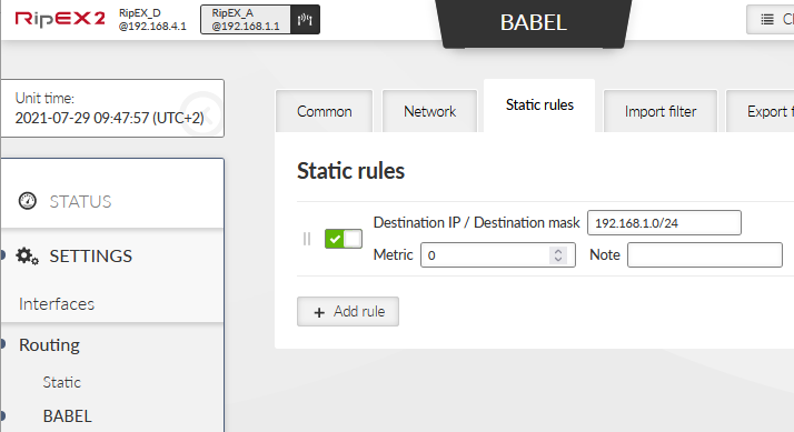 RipEX_A – BABEL Static rules