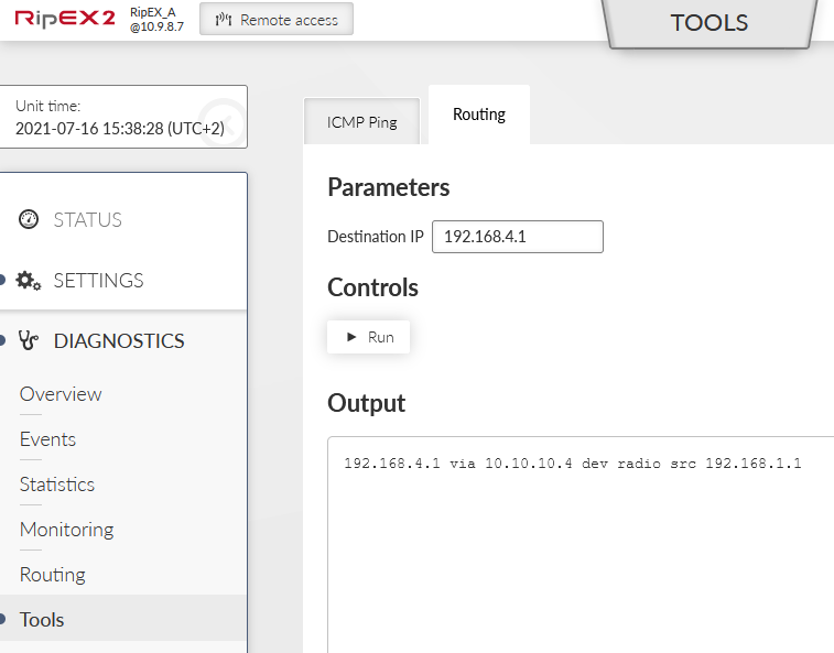 RipEX_A – Diagnostics – Tools – Routing