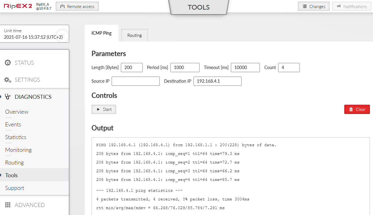 RipEX_A – Diagnostics – Tools – ICMP Ping