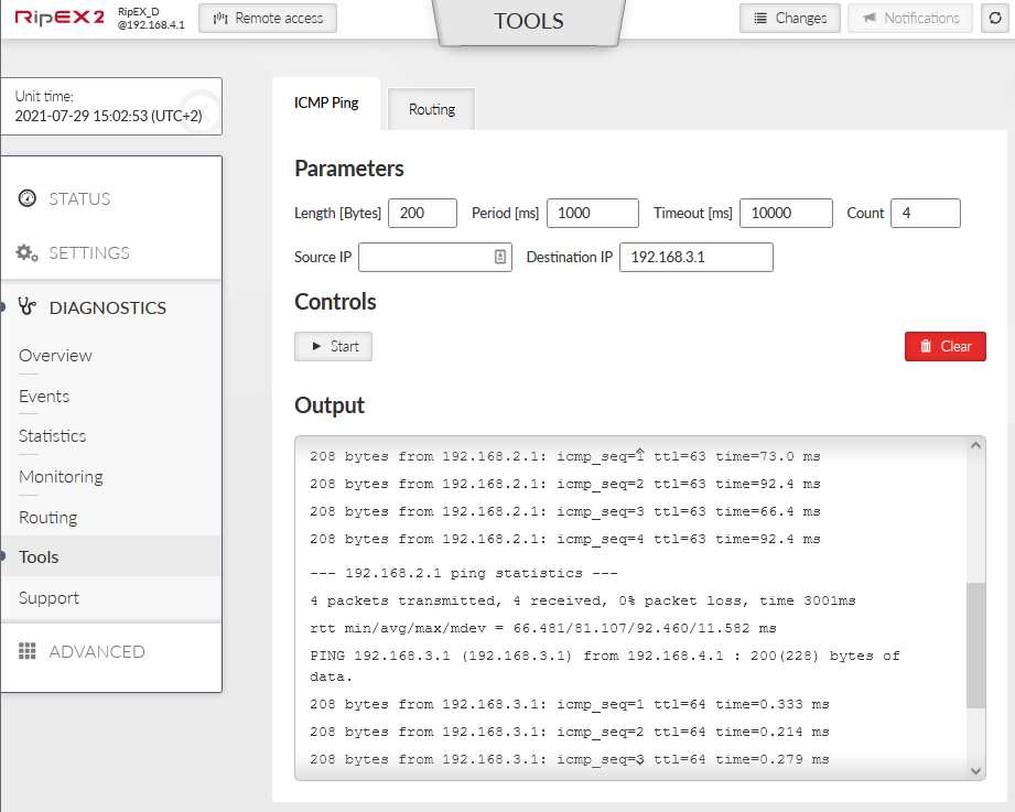 RipEX_D – ICMP ping to remote IP addresses