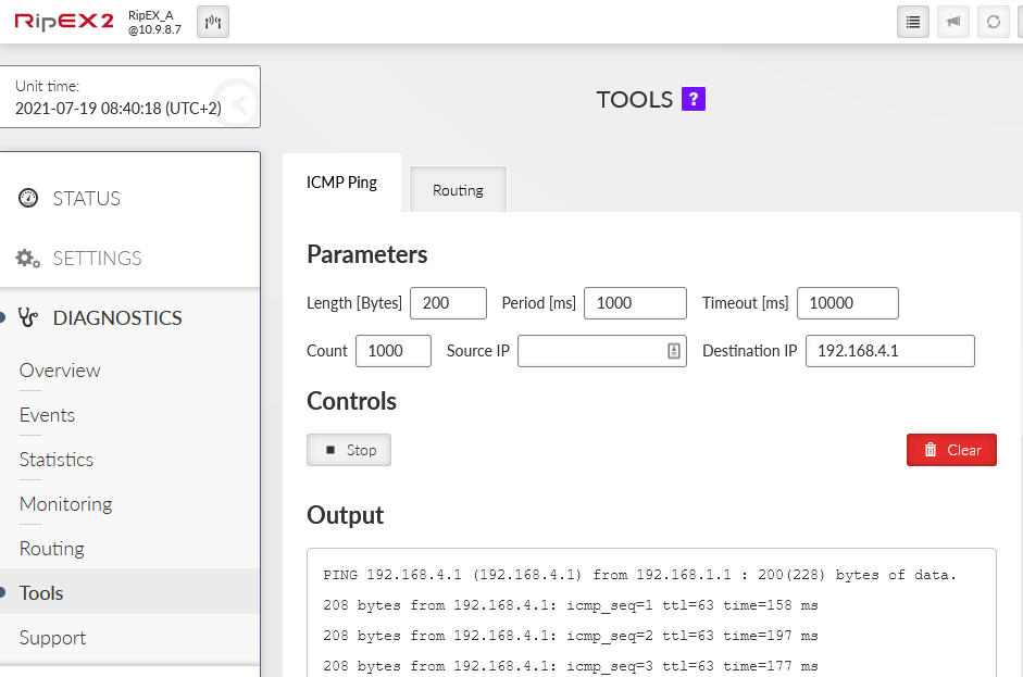 RipEX_A – Ping to 192.168.4.1 (RipEX_D)