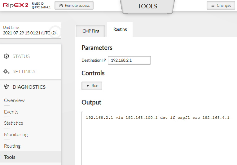 RipEX_D – Routing check to remote networks