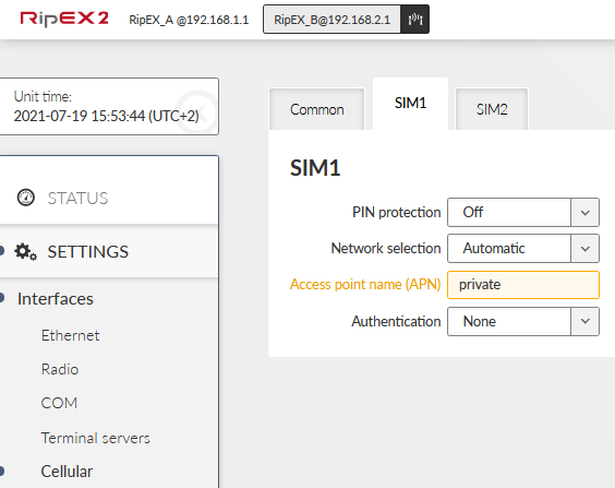 RipEX_B – SIM1 setup