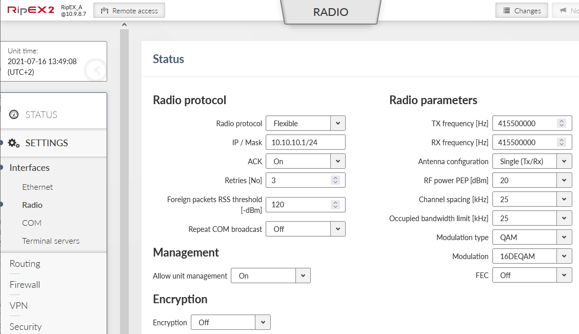 RipEX_A – Radio interface settings
