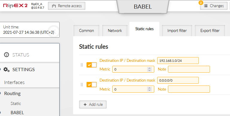 RipEX_A – Babel Static rules (def. gateway)